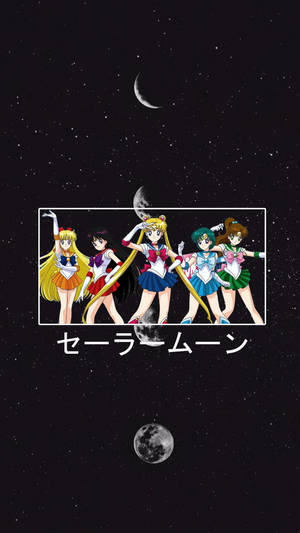 五位美少女戰士角色在星空下英勇地擺姿勢，背景有月亮。 — 動漫女孩 壁紙