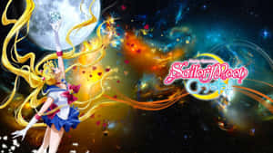 Sailor Moon 在太空中手持水晶，背後有滿月和色彩繽紛的星雲。