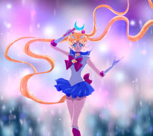 美少女戰士Sailor Moon穿著標誌性服裝，在發光的宇宙背景下揮舞她的魔法杖。