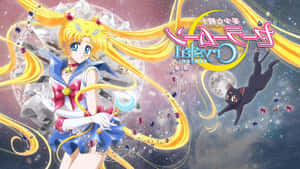 美少女戰士在太空中與她的貓同伴被魔法火花包圍。
