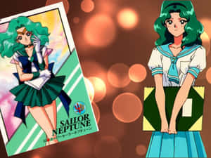 美少女戰士海王星動畫角色描繪在集換式卡牌和全身插圖上，背景是溫暖的散景。 — 美少女戰士 壁紙