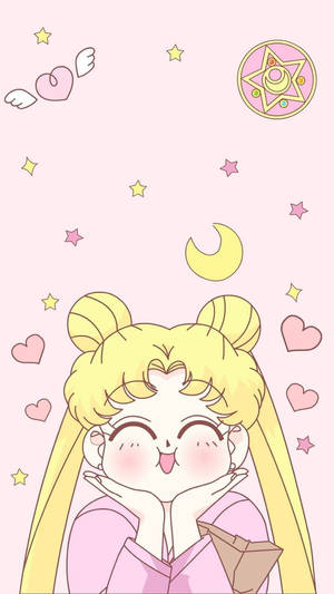金色雙馬尾的動漫女孩，雙手托腮微笑，周圍有星星、心形和彎月。