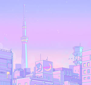 動畫風格的城市天際線，星空下高塔和粉彩建築物。 — 柔粉 壁紙
