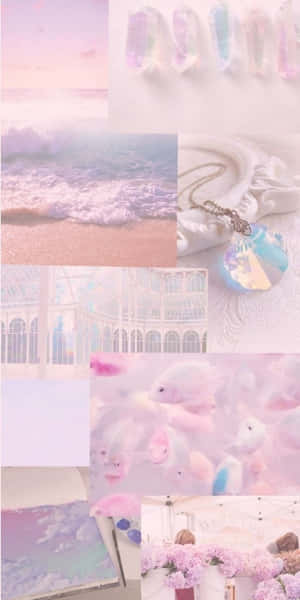 粉彩夢幻拼貼，包含海浪、指甲、珠寶、魚類和花卉。 — 拼貼 GIF 壁紙