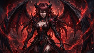 一個紅髮黑翼的惡魔女子被火焰包圍。