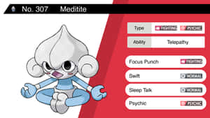 Meditite 喺紅白色背景上擺出冥想姿勢，並顯示 Pokédex 數據。