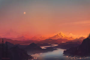 黃昏時分的山谷，發光的河流和星空。