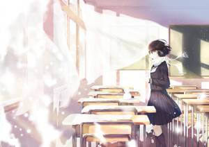 動漫女孩穿著校服站在積雪的教室裡，陽光照射。 — 可愛動漫女仔 壁紙