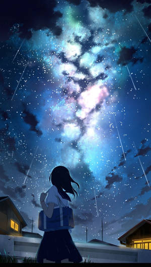 穿著校服的動漫女孩在夜晚觀看流星和星雲。