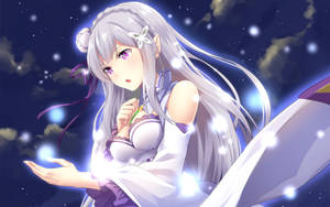 銀髮紫眼的動漫女孩在繁星點點的夜空中閃耀
