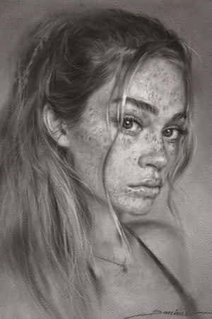 一幅木炭畫，描繪一位擁有雀斑和長髮的女子看著觀眾。