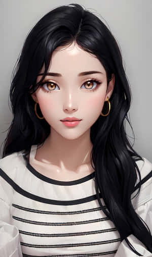 年輕女性，長黑髮，金色圓環耳環，身穿黑白條紋上衣。 — 可愛動漫女仔 壁紙