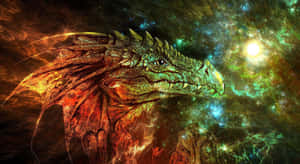 一隻擁有火焰翅膀和發光眼睛的巨龍，在宇宙銀河場景中。