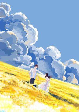 一對情侶在明亮的藍天白雲下，漫步於金色田野。 — 浪漫愛情 壁紙