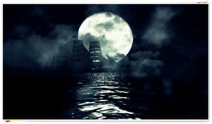夜間黑暗海洋上滿月下的帆船