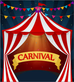 紅白條紋馬戲團帳篷和 'CARNIVAL' 橫幅在夜間聚光燈下。