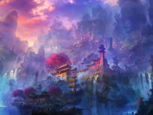 日落時分，寺廟坐落在霧氣繚繞的山巒中，瀑布飛流直下。 — 水彩 壁紙