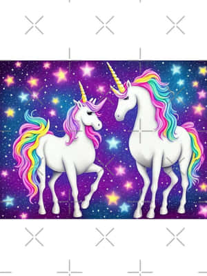 兩隻魔法獨角獸，擁有彩虹頭髮和金色角，在星空夜空中。