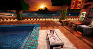 女士在Minecraft沙灘日落時於泳池旁休息