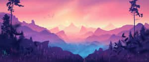 日落時分的紫色和粉紅色山景，有剪影樹木和飛鳥。 — 5120x1440 壁紙