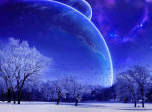 雪地森林，樹木光禿，下方是巨大的藍色行星和紫色星雲。