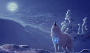 白狼在滿月下嚎叫，雪山景色 — 月色夜空 壁紙
