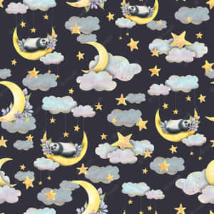 熊貓在彎月上睡覺，帶有星星和雲朵的水彩夜空圖案。
