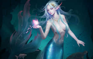 一位發光的美人魚，銀色頭髮，在珊瑚和魚群附近的水下握著一隻粉紅色蝴蝶。
