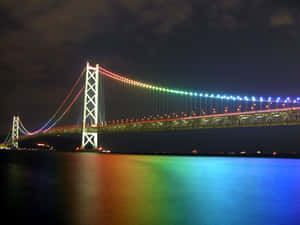 夜間彩虹燈照亮黑暗水面上的吊橋，天空多雲。 — 4:3 壁紙