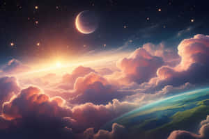 從太空觀看行星，粉紅雲朵後方有發光的日出，上方有新月。 — MacBook Air 15 壁紙