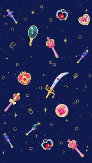 星空夜空中充滿漂浮的動漫魔法魔杖和心形物品。