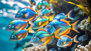 一群色彩繽紛的魚在清澈的藍色海水中靠近珊瑚和海藻游動 — 藍色 壁紙