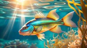 一條色彩繽紛的魚在珊瑚和陽光旁邊的清澈藍色水中滑行。 — 藍色 壁紙