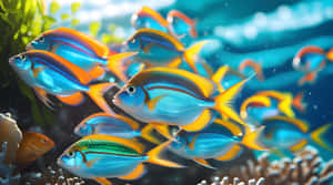 色彩繽紛的熱帶魚在明亮的海洋場景中穿梭於珊瑚之間