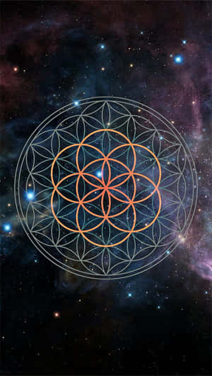 生命之花符號在星空星雲背景下在太空中發光。