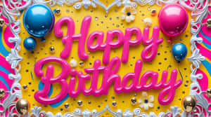 粉紅色Happy Birthday文字，配以氣球和裝飾元素，置於黃色背景上