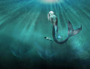 美人魚和潛水員在水下探索沉船。