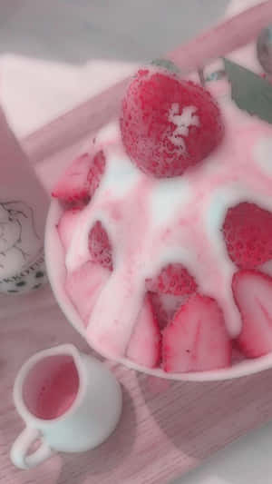 粉紅色士多啤梨刨冰甜品，配以糖漿和整顆士多啤梨配料。 — 淺粉紅色美學動圖 壁紙