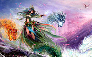 在超現實的山景中揮舞火與冰魔法的奇幻女神。