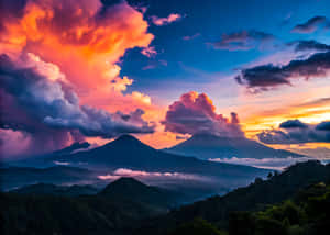 火山山峰在霧氣繚繞的森林上方升起，下方是戲劇性的日落天空，帶有火紅的雲彩。