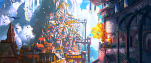 建在山崖上的奇幻村莊，擁有色彩繽紛的房屋和天空中飛翔的鳥兒。