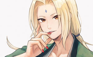 金髮動漫女性，紅色指甲，手托下巴微笑。