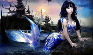 一條發光的藍色美人魚在黃昏時分，坐在水邊的岩石上，周圍有漂浮的幻想建築。 — 奇幻 壁紙