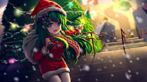 動漫女仔著聖誕老人衫揹住袋企喺有雪嘅樓梯近聖誕樹