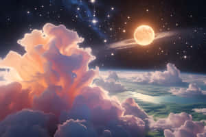 發光的月亮和帶環行星懸浮在行星的地平線之上，被粉紅色、紫色和橙色的雲層環繞，星空下。