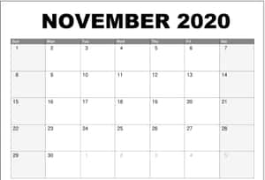 2020年11月的空白日曆，日期以網格佈局顯示。