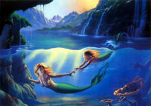 兩個美人魚在發光瀑布附近的水下互相伸手觸碰。