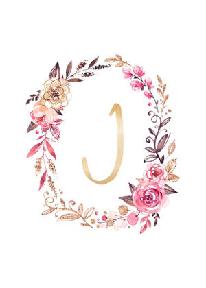 粉紅與金色的花環框住一個金色字母J。