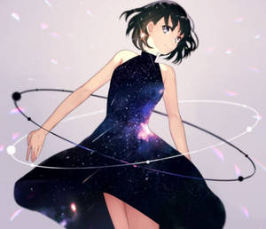 動漫女孩穿著銀河主題裙，周圍有環繞的行星和發光的粒子。 — 可愛動漫女仔 壁紙