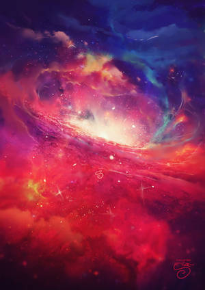 充滿活力的宇宙星雲，帶有旋轉的紅藍色和發光的星星，數位藝術風格